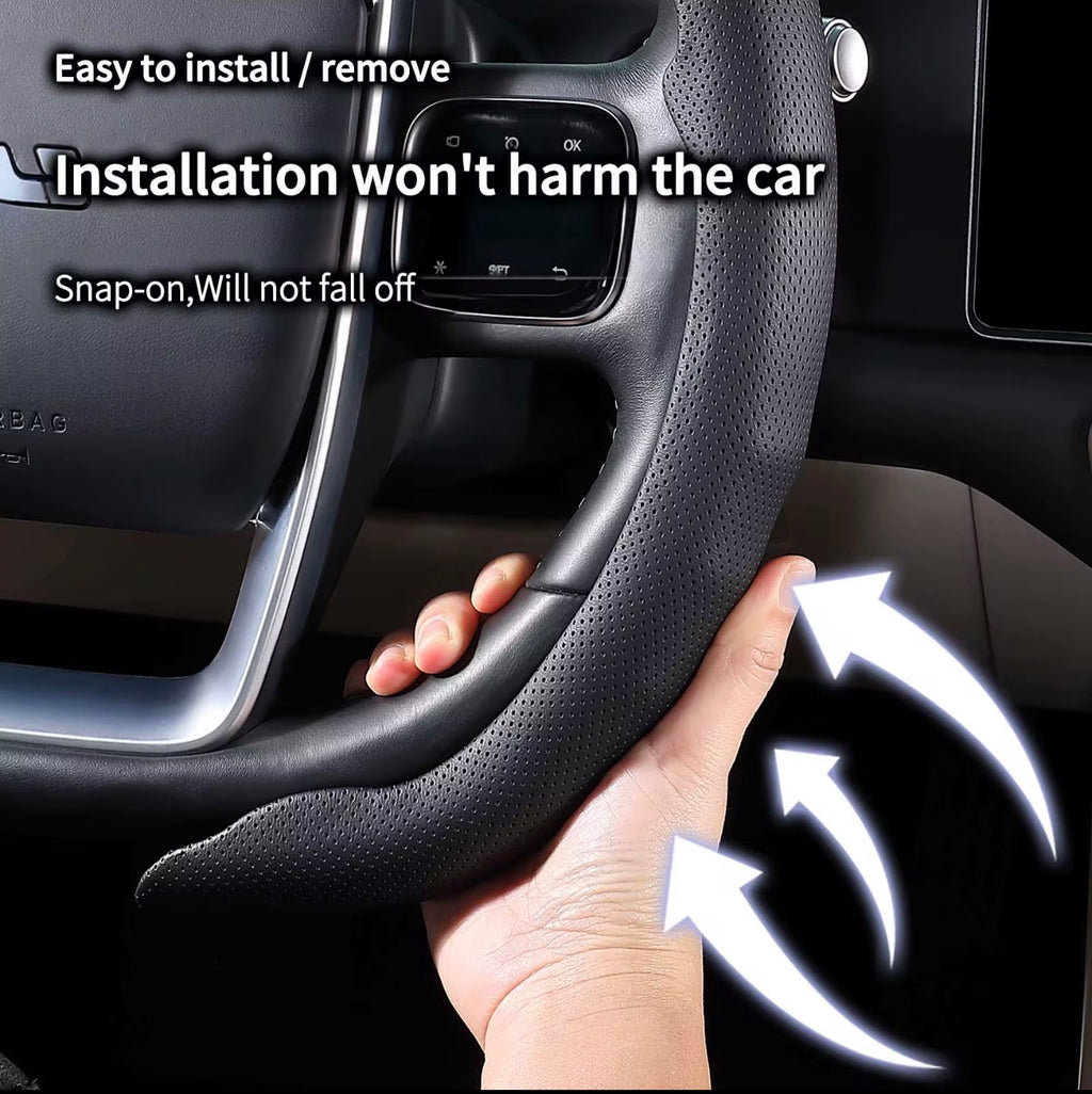 Premium D-Shape Pure Leather Steering Wheel Cover – R Style | Mercedes, Changan Eado & D-Shaped Steering Wheels | Now Available in Riyadh